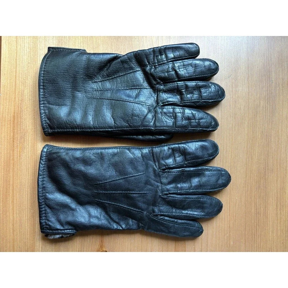 Leather Gloves Black Rabbit Fur Lined Women Large *Read